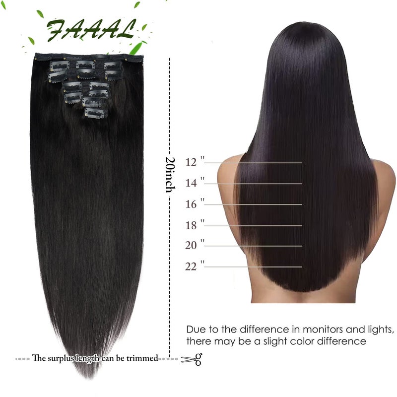 FAAAL 20" Clip in Human Hair Extensions Full Head 180g 7 Pieces 16 Clips Natural Black Double Weft Brazilian Real Remy Hair Extensions Thick Straight Silky (20" 180g, #1B) - Image 2